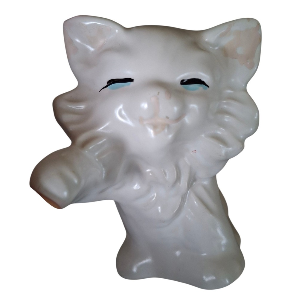 Vintage American Bisque Playful White Kitten Figurine Smiley‎ Happy Mischievous